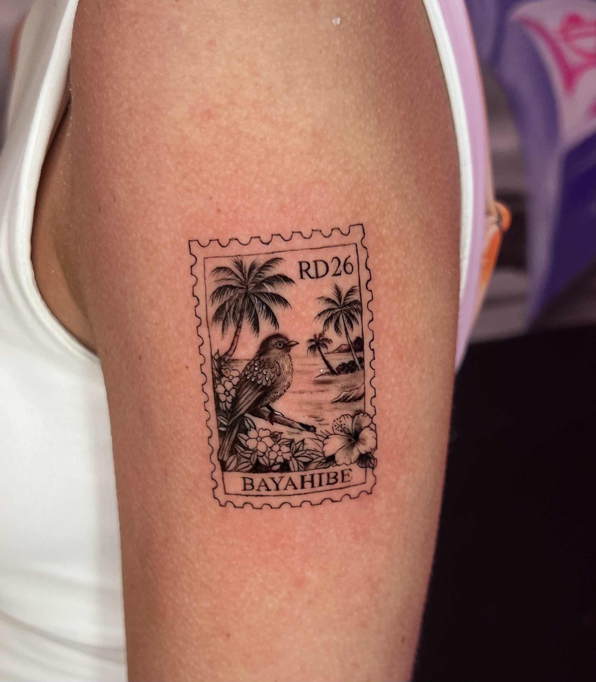 Es un tatuaje tipo sello postal en estilo fine line y black & grey, cuidadosamente detallado dentro de un marco dentado que imita una estampilla clásica. En el centro aparece un paisaje tropical con p