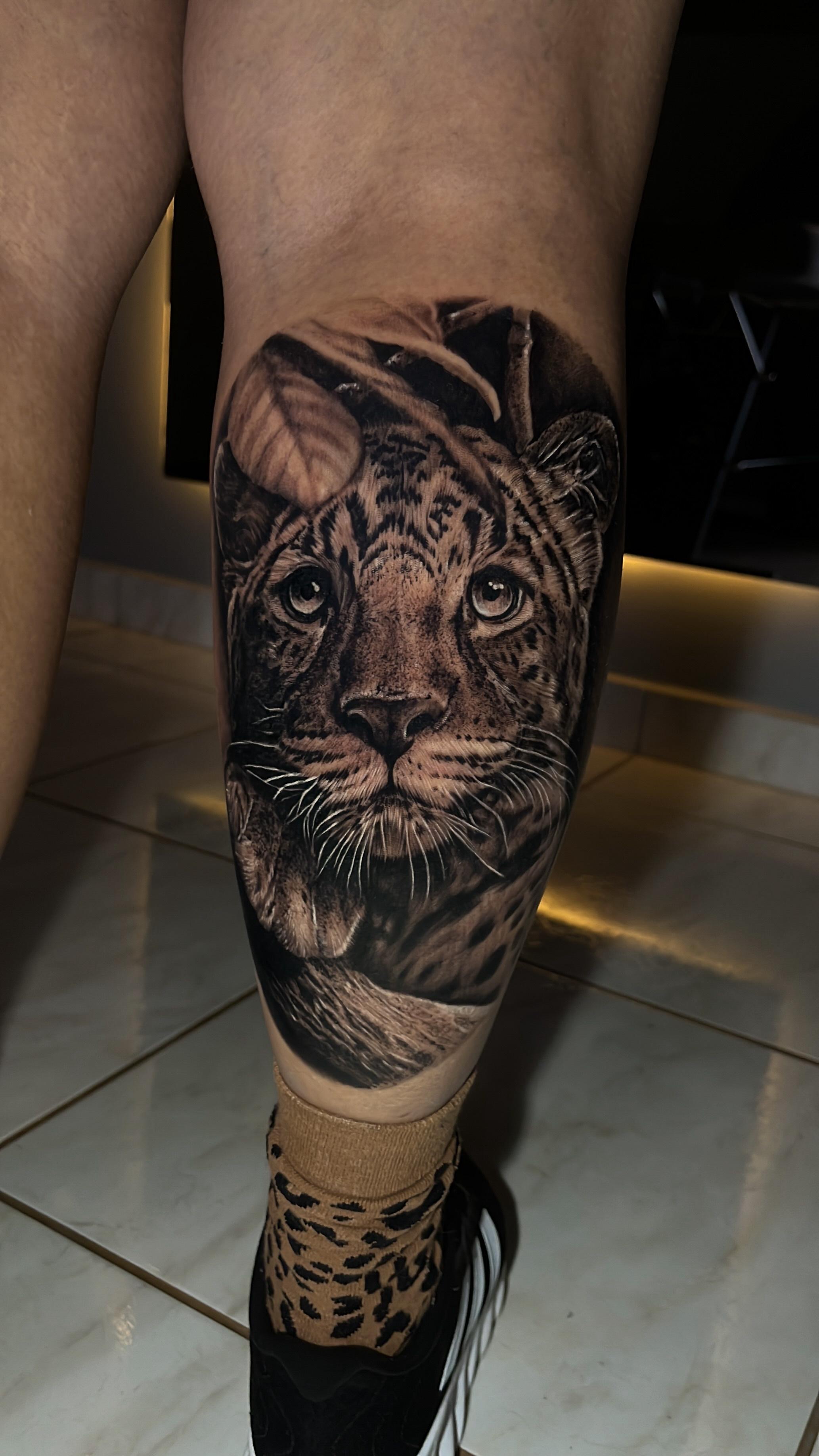 Black & Grey Realism Big Cat Tattoo